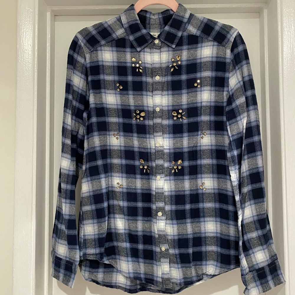 Abercrombie & Fitch 100% Cotton Long Sleeve Blue Plaid Flannel Shirt with Jewels